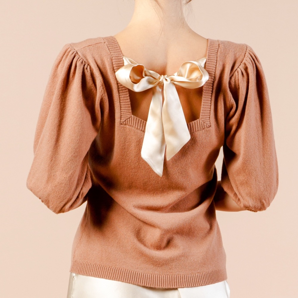 Puff Sleeve Cashmere Sweater w Silk Bow - Picture 6 of 11